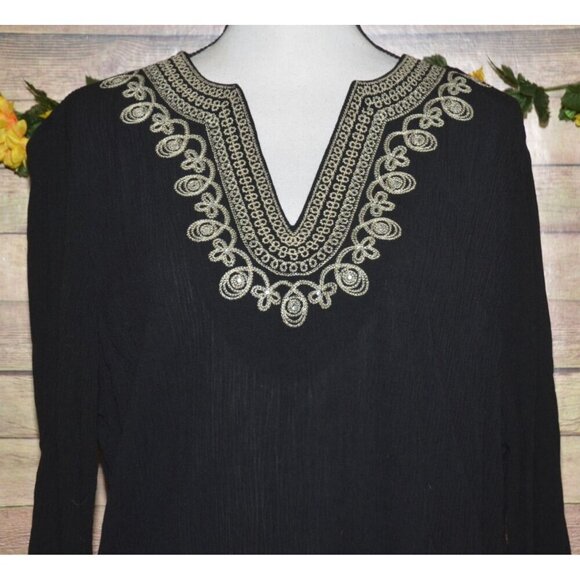 Cathy Daniels Ladies Black Tunic Blouse Top Size M Embroidered V-Neck Crystals - Picture 2 of 9